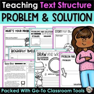 Problem and Solution Text Structure Pack from Tied 2 Teaching product cover with passages and activities for teaching problem and solution.