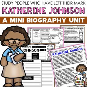 Katherine Johnson Biography pack by Tied 2 Teaching product cover. Includes reading passages, graphic organizers, posters, and activities.