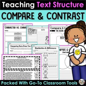 Compare and Contrast Text Structure Pack from Tied 2 Teaching product cover with passages and activities for teaching compare and contrast.