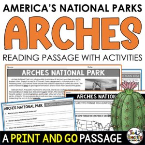 Arches National Park Pack by Tied 2 Teaching product cover. Contains reading passage, graphic organizers and activities.