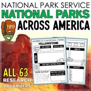 National Parks Research Report Organizers by Tied 2 Teaching product cover. Contains printable graphic organizers to organize research on all 63 National Parks.