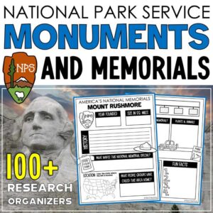 National Monuments and Memorials Research Report Organizers by Tied 2 Teaching product cover. Contains printable graphic organizers to organize research on all 100+ Monuments and memorials.