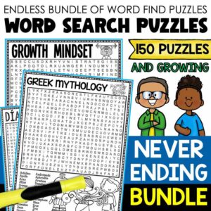 Giant Word Search Growing Bundle by Tied 2 Teaching product cover includes more than 150 word search puzzles and growing.