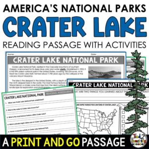Crater Lake National Park Reading Passage and Activities Pack by Tied 2 Teaching product cover. Contains reading passage, graphic organizers and activities.