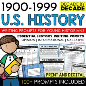 U.S. History Writing Prompts 20th Century Decades Writing Prompts by Tied 2 Teaching Product Cover