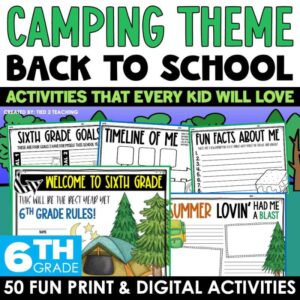 Camping Theme Back to School Activity Pack for 6th Grade from Tied 2 Teaching Product Cover