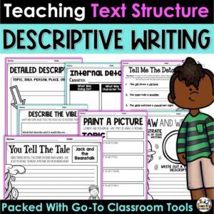 Descriptive Writing Text Structure Pack from Tied 2 Teaching product cover with passages and activities for teaching descriptive writing.