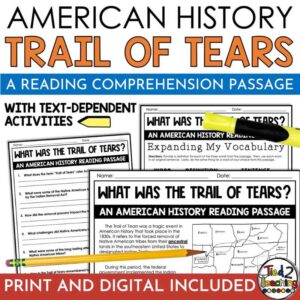 The Trail of Tears Reading Passage with assessment and activities by Tied 2 Teaching Product Cover. Part of a Westward Expansion reading passage bundle.