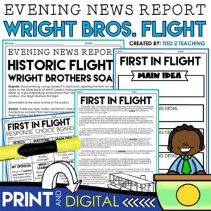 The Wright Brothers Flight Evening New Report Reading Passages for Upper Elementary Pack by Tied 2 Teaching Product Cover