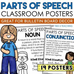 Parts of Speech Classroom Poster Pack from tied 2 Teaching product cover. Includes 19 parts of speech posters that are perfect for classroom bulletin boards or decor.