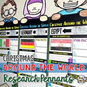 Christmas Around the World Research Pennants from Tied 2 Teaching Product Cover with fun Christmas Around the World Pennant toppers