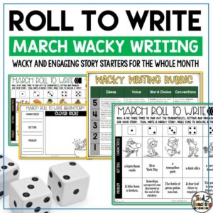 March and St. Patrick's Day Roll a Story pack from Tied 2 Teaching product cover. With Roll a Story Choice boards to generate wacky and fun seasonal writing prompts for upper elementary students.