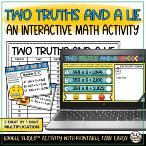 3 Digit by 1 Digit Multiplication Two Truths and a Lie Interactive Math Activity by Tied 2 Teaching product cover
