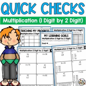 Multiplication 1 digit y 2 digit Quick Checks Math Practice Pack from Tied 2 Teaching Product Cover