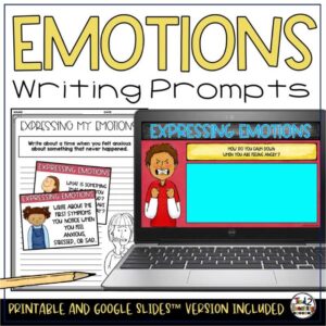 Emotions Writing Prompt pack from Tied 2 Teaching product cover. Contains print and digital SEL writing prompts on different emotions.
