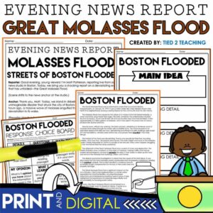 The Great Molasses Flood Evening New Report Reading Passages for Upper Elementary Pack by Tied 2 Teaching Product Cover