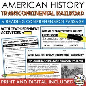 The Transcontinental Railroad Reading Passage with assessment and activities by Tied 2 Teaching Product Cover. Part of a Westward Expansion reading passage bundle.