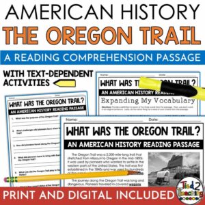 The Oregon Trail Reading Passage with assessment and activities by Tied 2 Teaching Product Cover. Part of a Westward Expansion reading passage bundle.