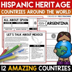 Hispanic Heritage Month Countries Around the World Reading Passages and Activities Pack from Tied 2 Teaching product cover