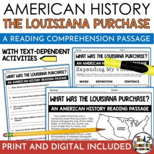 The Louisiana Purchase Reading Passage with assessment and activities by Tied 2 Teaching Product Cover. Part of a Westward Expansion reading passage bundle.