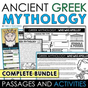 Ancient Greek Mythology Resource Bundle By Tied 2 Teaching with Reading Passages, Activities, and Research Pennants. Product Cover
