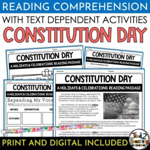 Constitution Day Holiday Nonfiction Reading Passage and Activities Pack by Tied 2 Teaching Product Cover