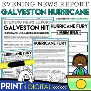 Galveston Hurricane Evening New Report Reading Passages and Activities Pack by Tied 2 Teaching Product Cover