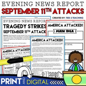 September 11th Patriot Day Evening New Report Reading Passages and Activities Pack by Tied 2 Teaching Product Cover