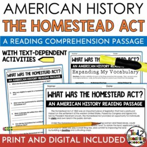 The Homestead Act Reading Passage with assessment and activities by Tied 2 Teaching Product Cover. Part of a Westward Expansion reading passage bundle.