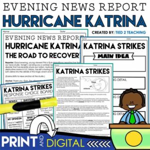 Hurricane Katrina Evening New Report Reading Passages and Activities Pack by Tied 2 Teaching Product Cover