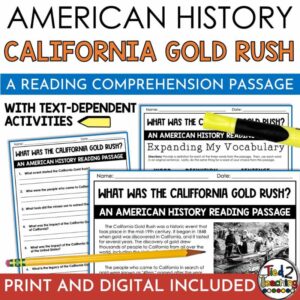 California Gold Rush Reading Passage with assessment and activities by Tied 2 Teaching Product Cover. Part of a Westward Expansion reading passage bundle.