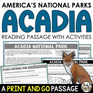 Acadia National Park Reading Passage and Activities Pack by Tied 2 Teaching product cover. Contains reading passage, graphic organizers and activities.