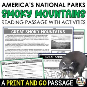 Great Smoky Mountains National Park Reading Passage and Activities Pack by Tied 2 Teaching product cover. Contains reading passage, graphic organizers and activities.