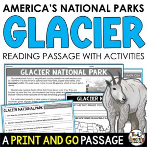 Glacier National Park Reading Passage and Activities Pack by Tied 2 Teaching product cover. Contains reading passage, graphic organizers and activities.