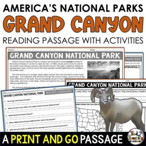 Grand Canyon National Park Reading Passage and Activities Pack by Tied 2 Teaching product cover. Contains reading passage, graphic organizers and activities.