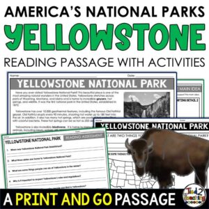 Yellowstone National Park Reading Passage and Activities Pack by Tied 2 Teaching product cover. Contains reading passage, graphic organizers and activities.