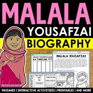 Malala Yousafzai Biography pack by Tied 2 Teaching product cover. Includes reading passages, graphic organizers, posters, and activities.