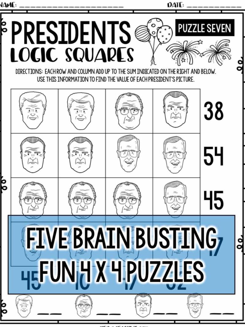 Presidents Day  Logic Square Puzzle Activities - Image 2