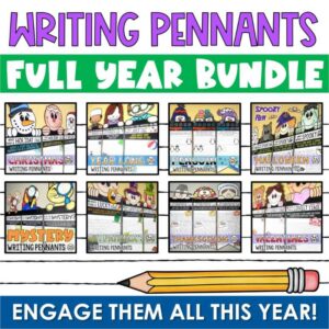 Writing Pennants Full Year Bundle by Tied 2 Teaching Product Cover with Fun Writing Prompts, Pennants, and Pennant Toppers for the Whole Year