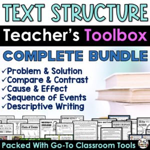 Teaching Text Structure Activity Bundle from Tied 2 Teaching product cover with passages and activities for teaching different text structures.