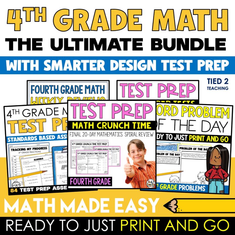 4th Grade Ultimate Math Bundle with Test Prep and Printable Practice Worksheets from Tied 2 Teaching Product Cover.