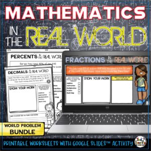 Math Word Problems Fractions Decimals and Percents Bundle by Tied 2 Teaching product cover