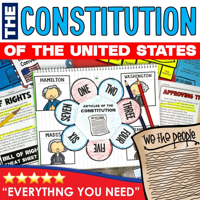 US Constitution and Constitution Day Unit and Activities Pack by Tied 2 Teaching Product Cover with passages, activities, graphic organizers and more