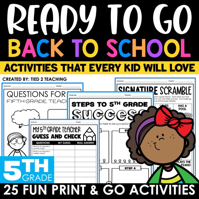 5th Grade Back to School Activities Pack from Tied 2 Teaching Product Cover. Includes 25 Fun Print and Go Back to School Activities