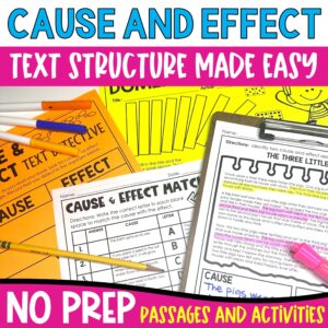 Cause and Effect Text Structure Pack from Tied 2 Teaching product cover with passages and activities for teaching cause and effect.