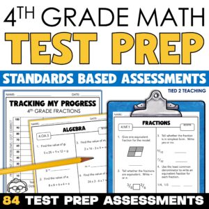 4th Grade Math Standards Based Assessments by Tied 2 Teaching Product Cover. Includes 84 Test Prep Assessments