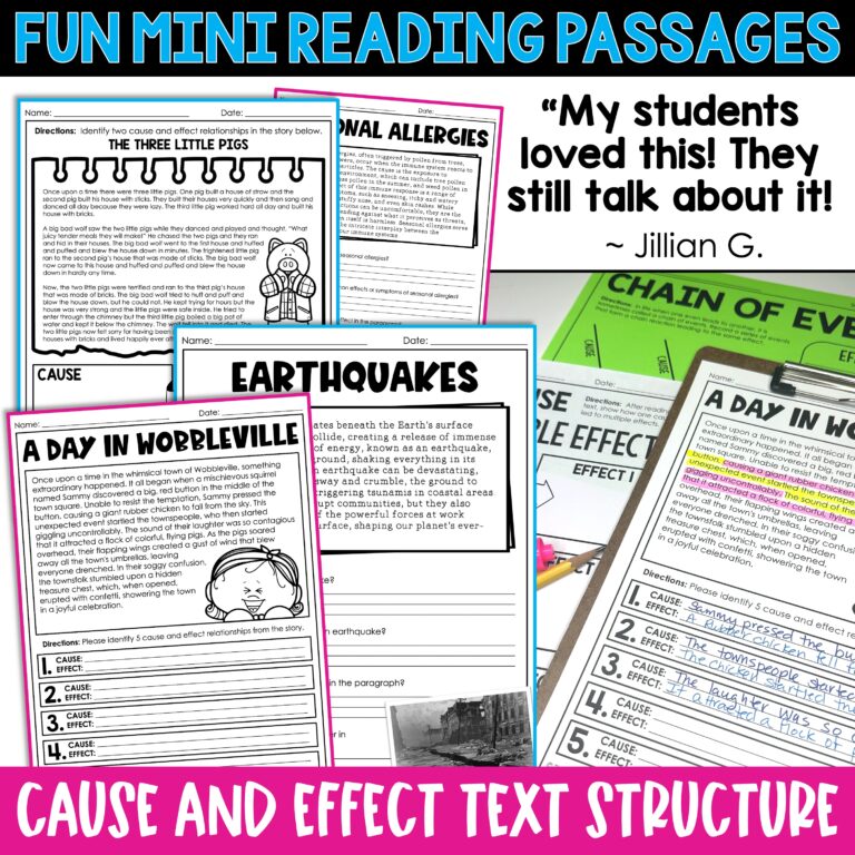 Cause Effect Text Structure Practice Passages Task Cards Posters Cause effect text structure practice passages task cards posters