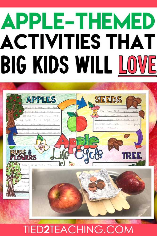 Apple-Themed Activities that Big Kids will love blof post by Tied 2 Teaching.  Image features apple boat STEM project and life cycle of an apple collaborative poster. 