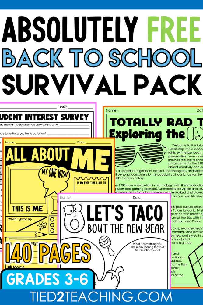 Free Upper Elementary Back to School Survival Pack From Tied 2 Teaching with colorful back to school activities.