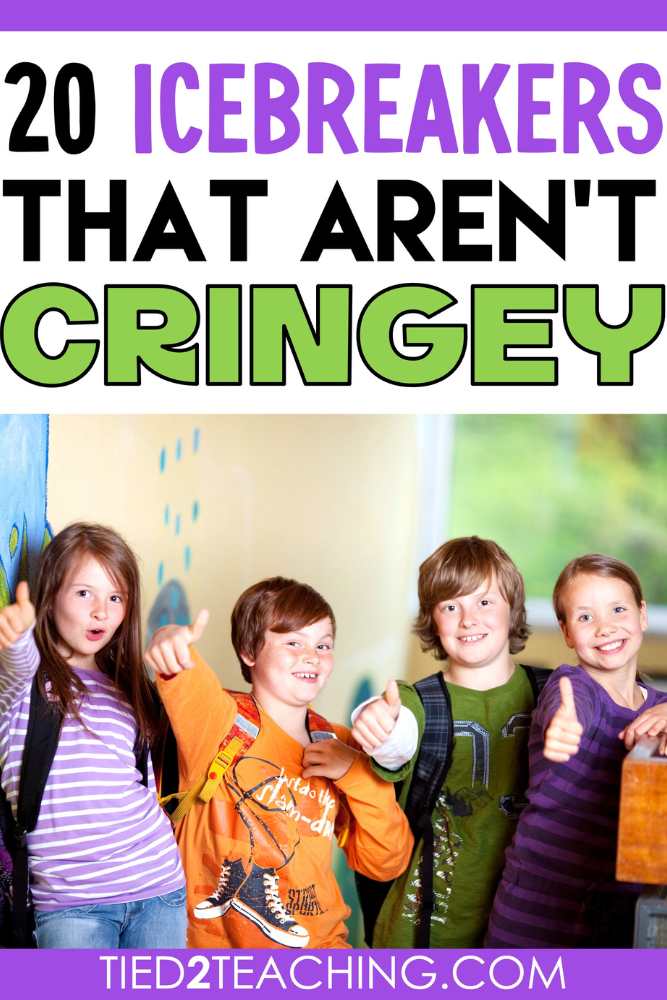 20 Fun icebreakers for big kids that aren't cringy blog post by Tied 2 Teaching. Featuring smiling upper elementary kids.